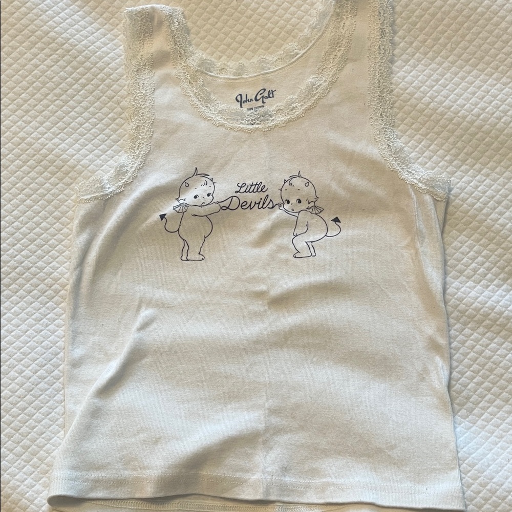 Brandy Melville White Tank Top with Lace and Devil Print